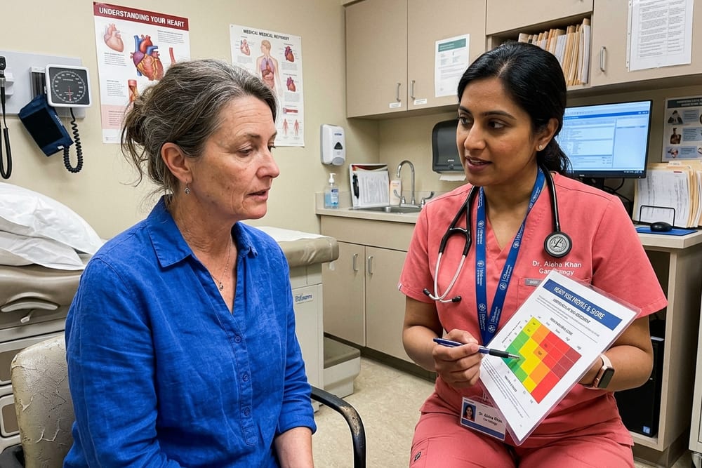 Woman age 51 in saturated cobalt blue blouse in conversation with a female cardiologist in coral pink scrubs reviewing a cardiovascular risk chart in a real exam room